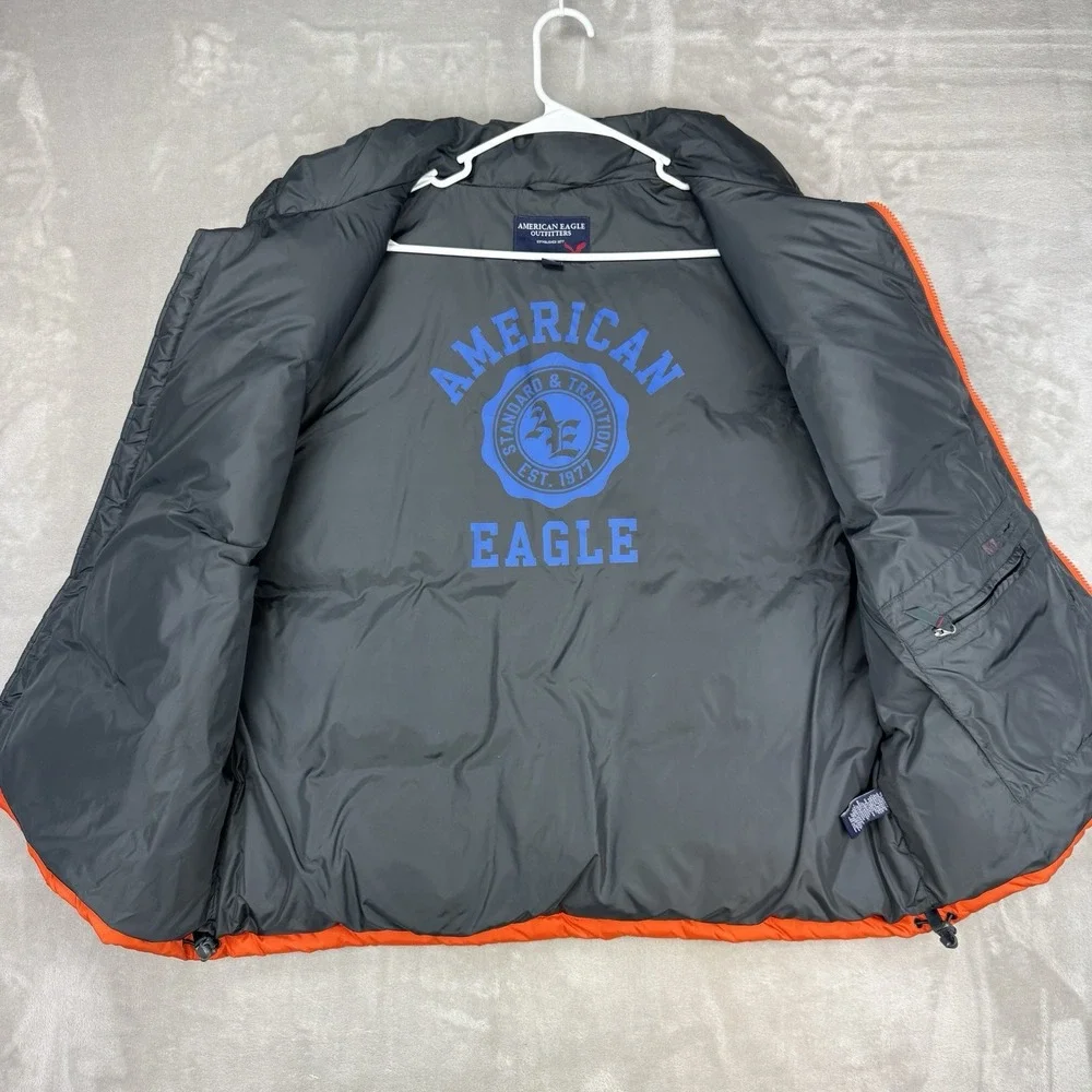 Vtg Y2K American‎ Eagle Reversible Down Puffer Vest Men's XL Orange Black Logo